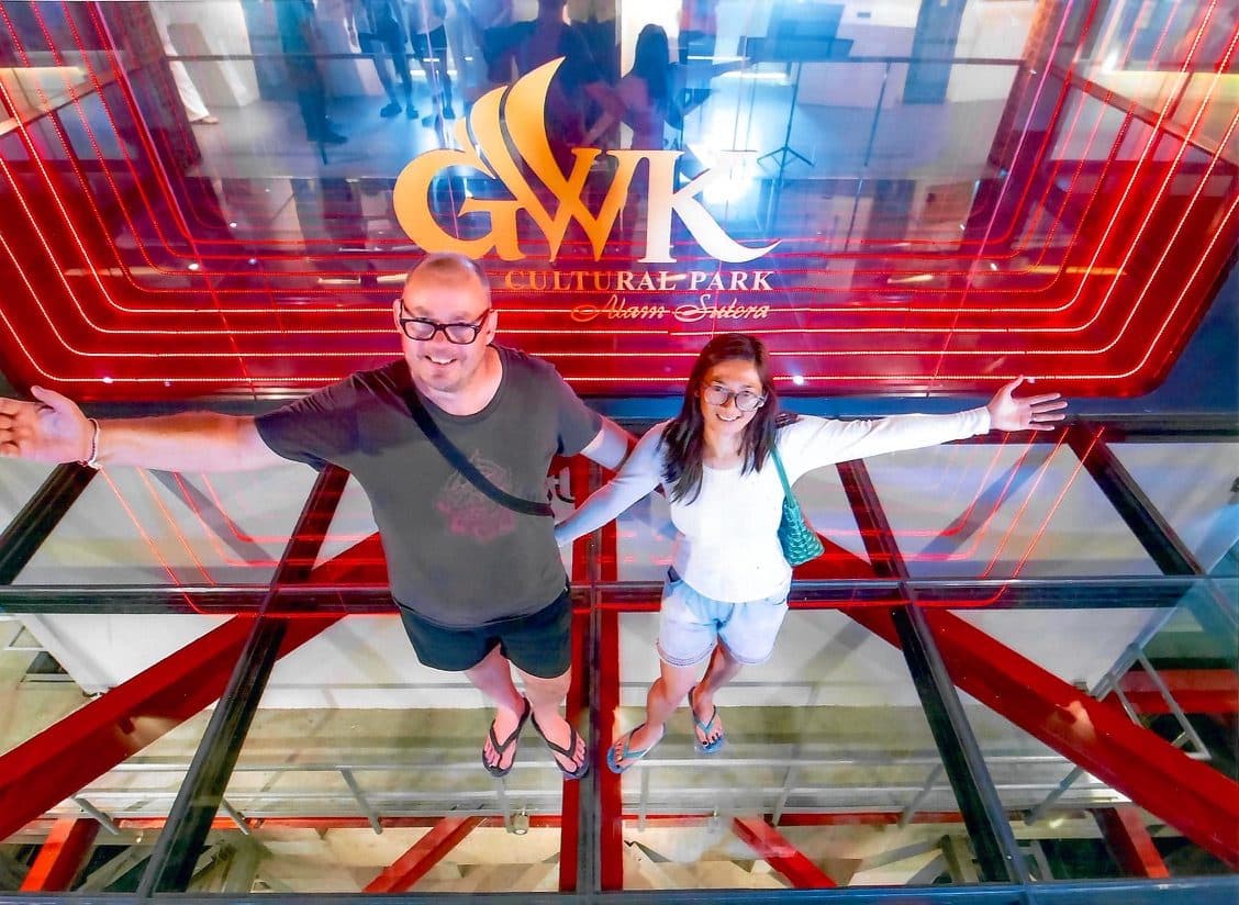 Ni Luh Srinasi and Marcel on the glass floor at GWK Cultural Park in Bali
